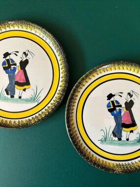 Set of 2 Vintage Henriot Quimper Dancing Brenton Man & Woman Plate